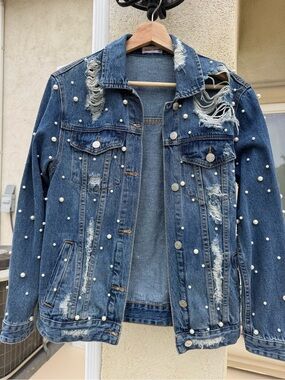 Pearl-Studded Distressed Dark Blue Denim Jacket - Women